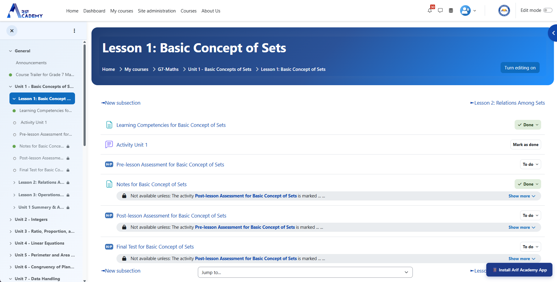 Arif Academy: lesson screen
